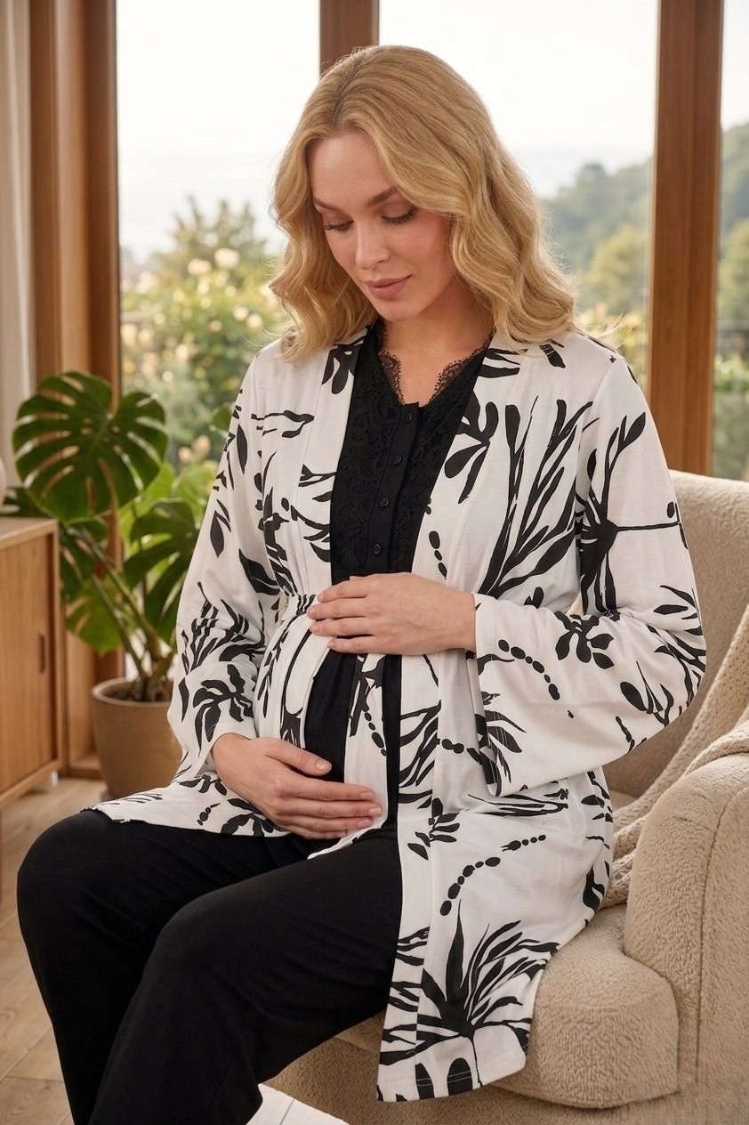 raia Yeni Sezon Siyah Şık Dantelli Yazlık Desenli Kısa Kol Hamile Lohusa Sabahlık Pijama Takım 3lü Set görsel 5