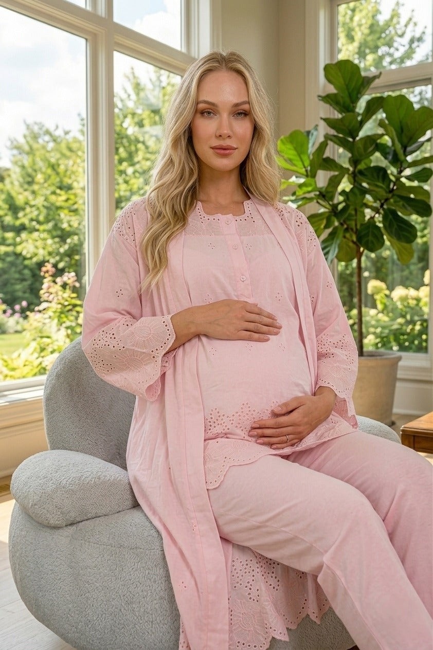raia Yeni Sezon Pudra Yazlık Fisto Keten Detaylı Tasarım Kısa Kol %100 Pamuk Hamile Lohusa Sabahlık Pijama Takımı 3'lü Set görsel 3