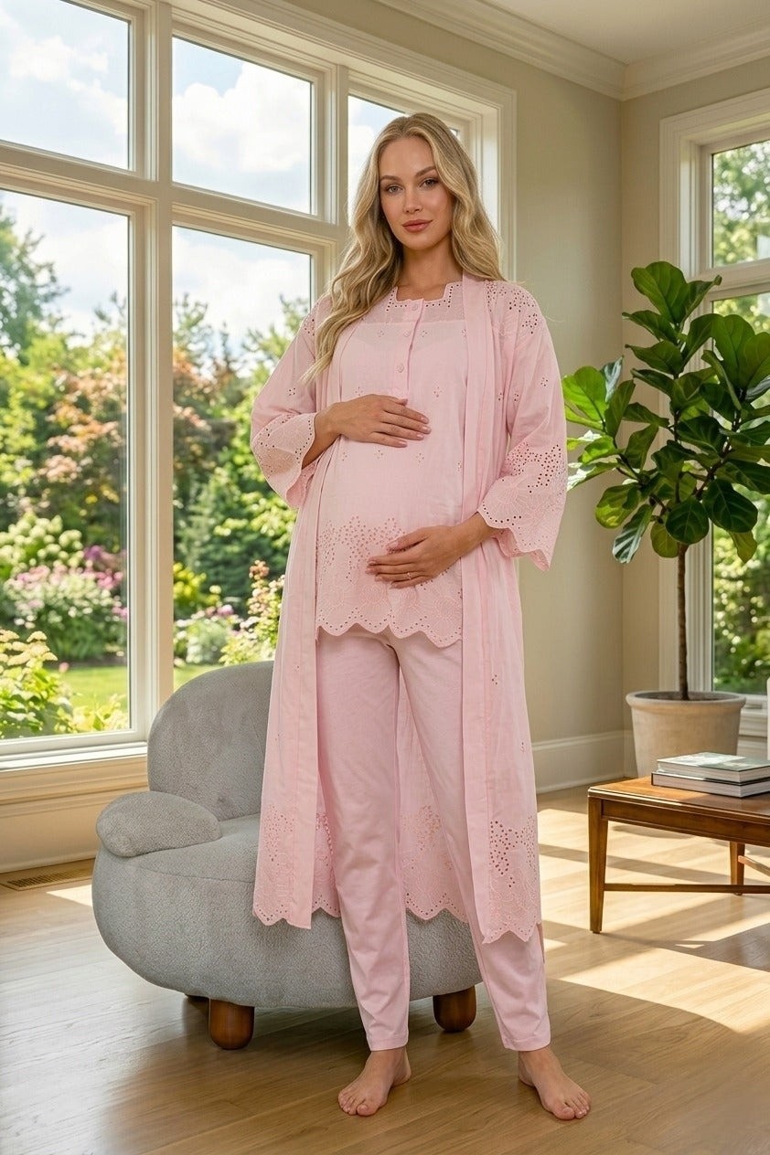 raia Yeni Sezon Pudra Yazlık Fisto Keten Detaylı Tasarım Kısa Kol %100 Pamuk Hamile Lohusa Sabahlık Pijama Takımı 3'lü Set görsel 5