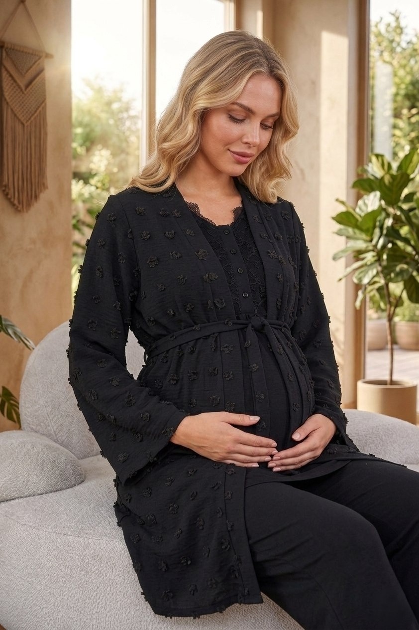 raia Yeni Sezon Siyah Dantel Detaylı Yazlık Tasarım Kısa Kol Hamile Lohusa Sabahlık Pijama Takım 3'lü Set görsel 3