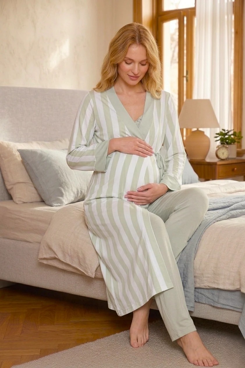 raia Yeni Sezon Yeşil Yazlık Çizgili Uzun Sabahlıklı Askılı %100 Pamuk Dantelli Hamile Lohusa Sabahlık Pijama Takım Seti görsel 2