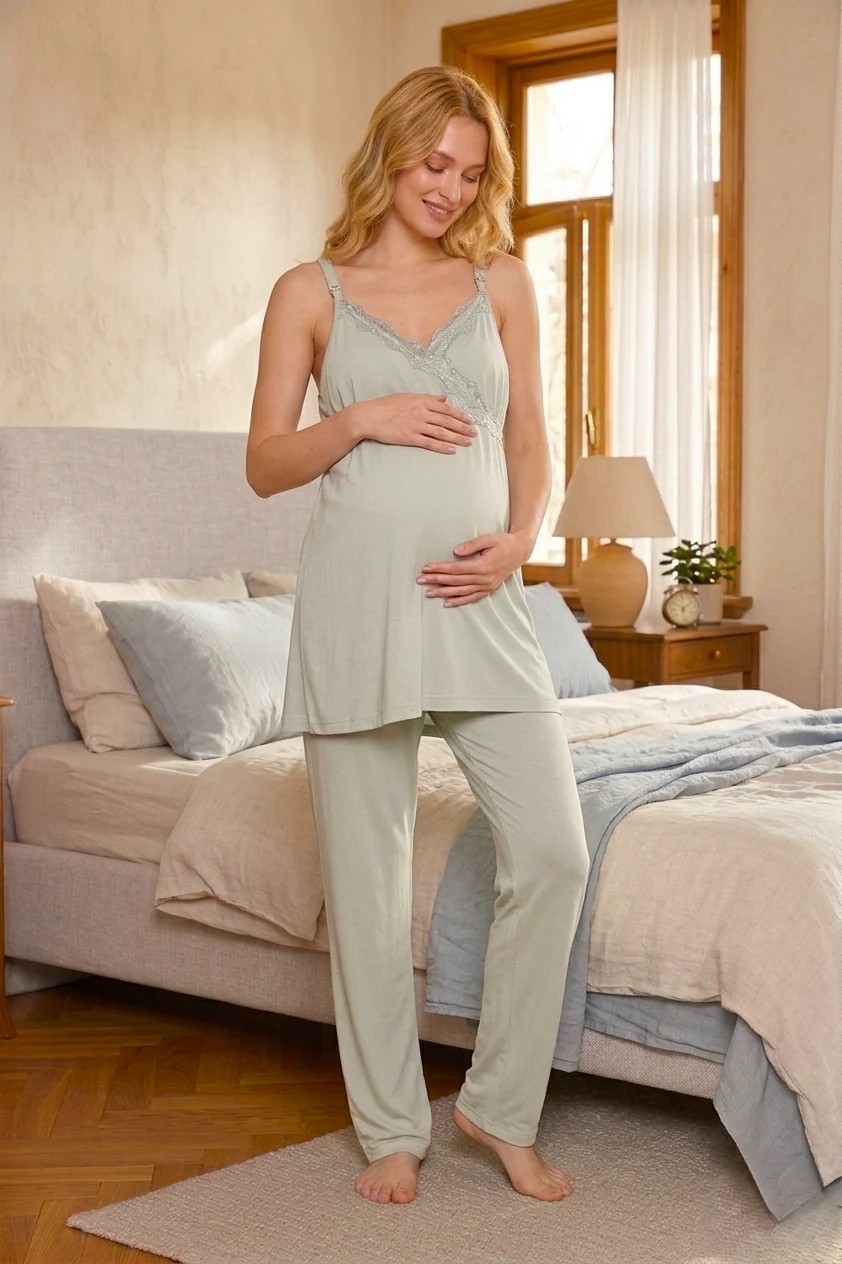 raia Yeni Sezon Yeşil Yazlık Çizgili Uzun Sabahlıklı Askılı %100 Pamuk Dantelli Hamile Lohusa Sabahlık Pijama Takım Seti görsel 4