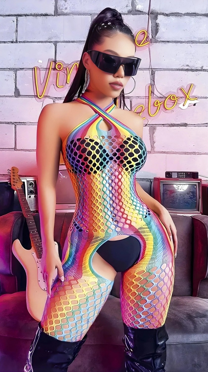 Pileli Store Rainbow Desire Gökkuşağı Desenli Fileli Fantezi Vücut Çorabı görsel 2