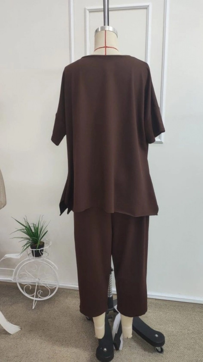 Pileli Store Kadın Kısa Kollu Bisiklet Yaka Viskon Iki Iplik Bluz ve Pantolon Ikili Takım görsel 5