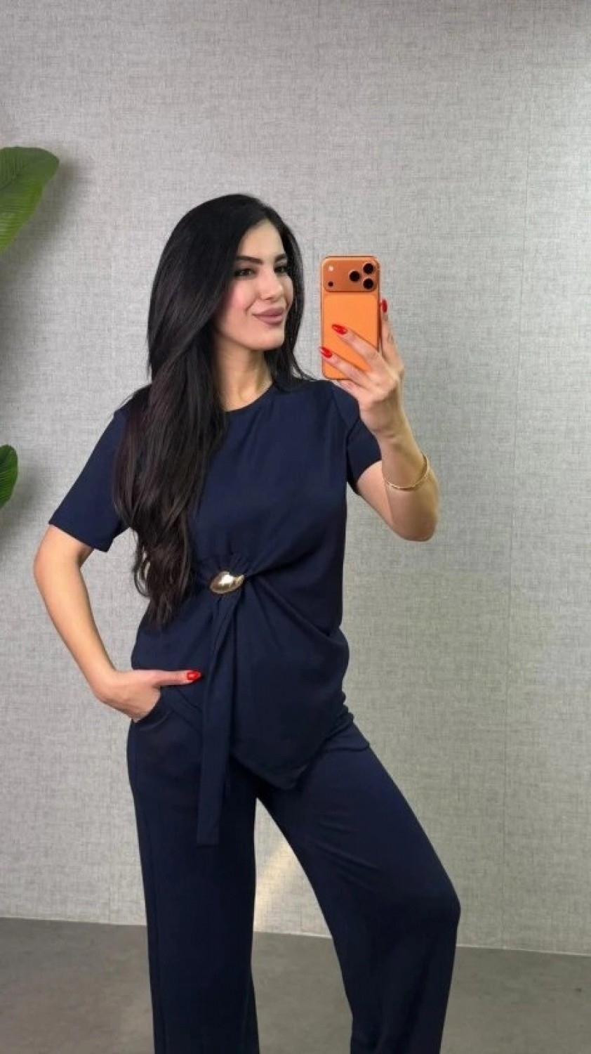 Pileli Store Kadın Kısa Kollu Bisiklet Yaka Yandan Toka Detaylı Viskon Iki Iplik Bluz ve Pantolon Ikili Takım