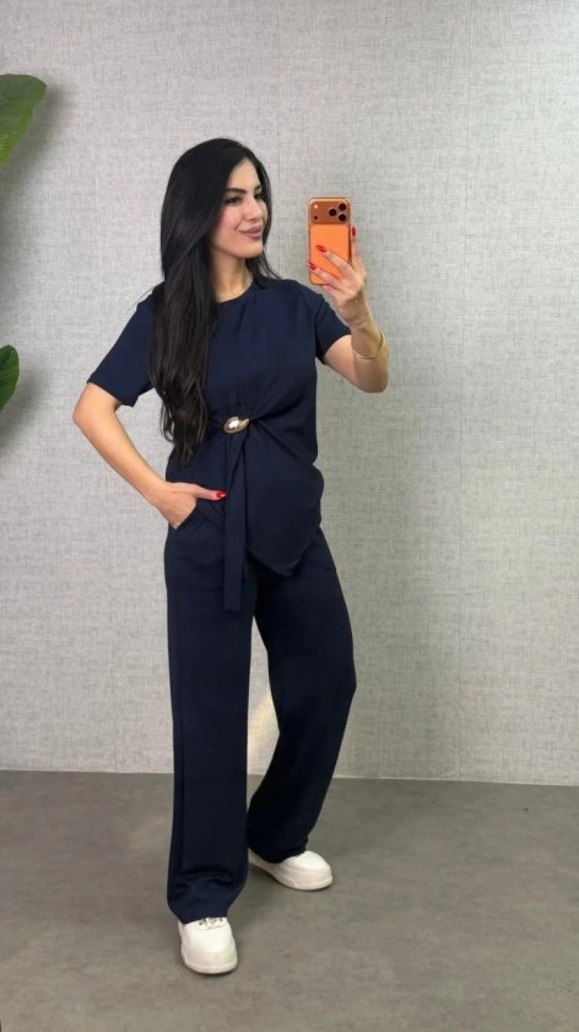 Pileli Store Kadın Kısa Kollu Bisiklet Yaka Yandan Toka Detaylı Viskon Iki Iplik Bluz ve Pantolon Ikili Takım görsel 2