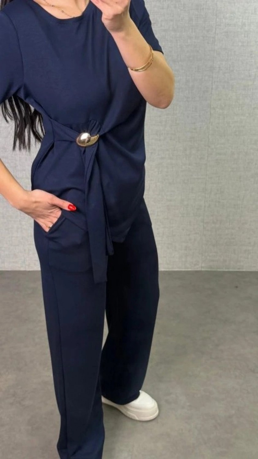 Pileli Store Kadın Kısa Kollu Bisiklet Yaka Yandan Toka Detaylı Viskon Iki Iplik Bluz ve Pantolon Ikili Takım görsel 3