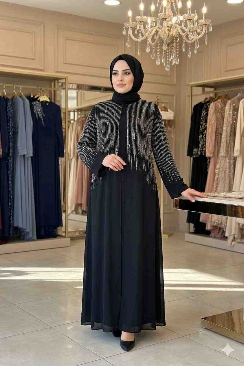 Aynur Tesettür Tesettür Abiye Büyük Beden Taşlı Şık Uzun Kollu Modest Elbise Özel Gün Davet Kombini