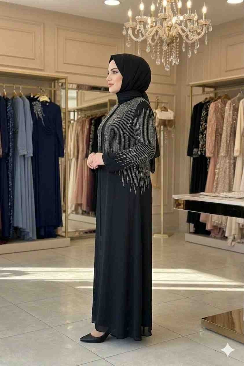 Aynur Tesettür Tesettür Abiye Büyük Beden Taşlı Şık Uzun Kollu Modest Elbise Özel Gün Davet Kombini görsel 2