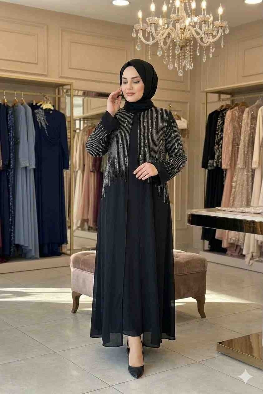 Aynur Tesettür Tesettür Abiye Büyük Beden Taşlı Şık Uzun Kollu Modest Elbise Özel Gün Davet Kombini görsel 3