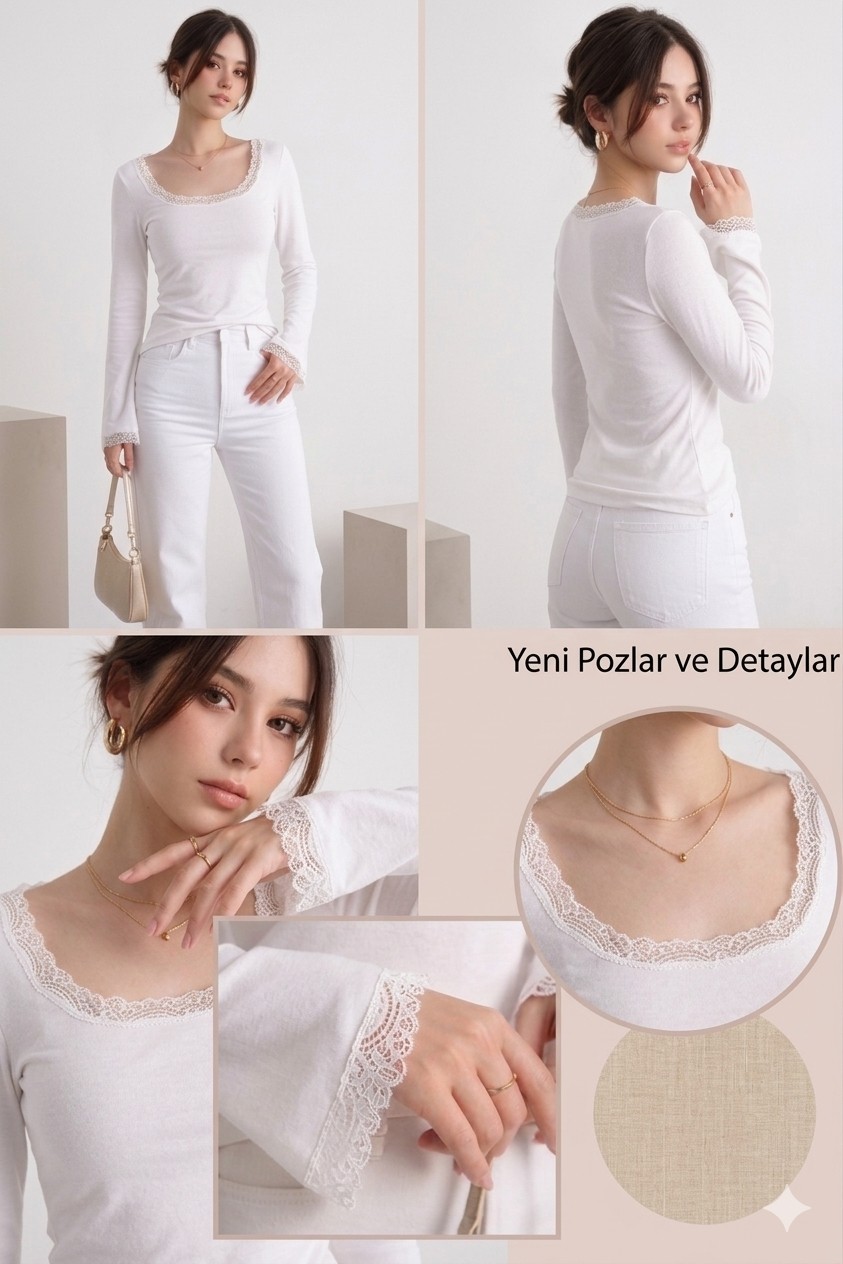 LUFTHİMM Dantelli Viskon Kare Yaka Uzun Kollu Bluz