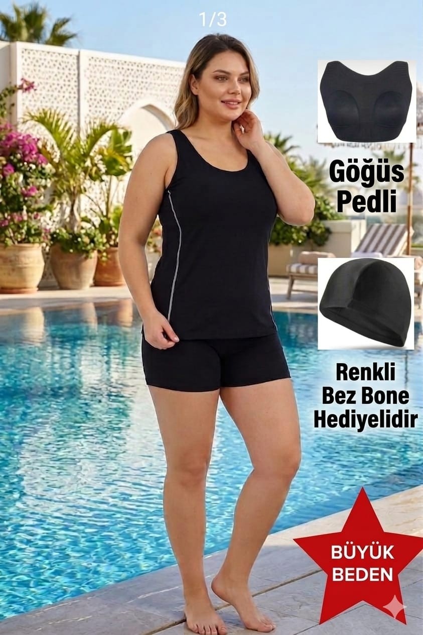 Aykum Büyük Beden Tankini Mikrolu Likra ( Iç Kısmına Dikili Göğüs Ped Mevcut) Siyah