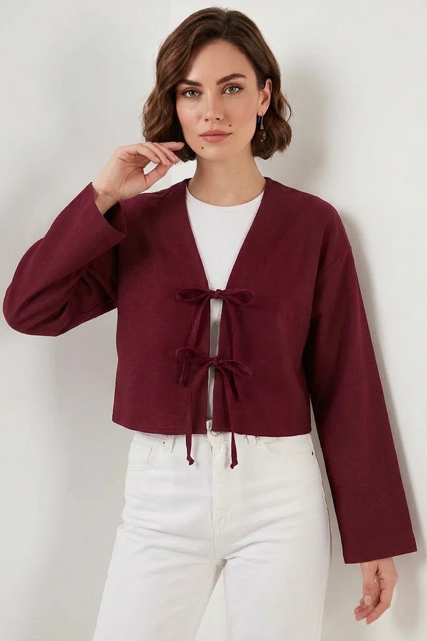 buğrahayalin Kadın V Yaka Önü Bağlamalı Keten Bordo Kimono görsel 7