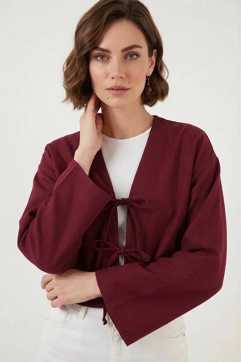 buğrahayalin Kadın V Yaka Önü Bağlamalı Keten Bordo Kimono görsel 8