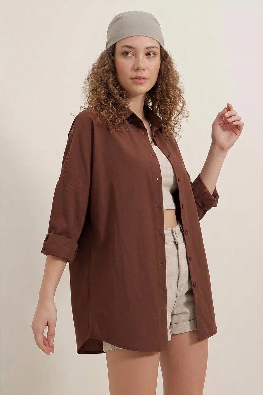 buğrahayalin Kadın Oversize Kesim Basic Pamuklu Kahverengi Gömlek
