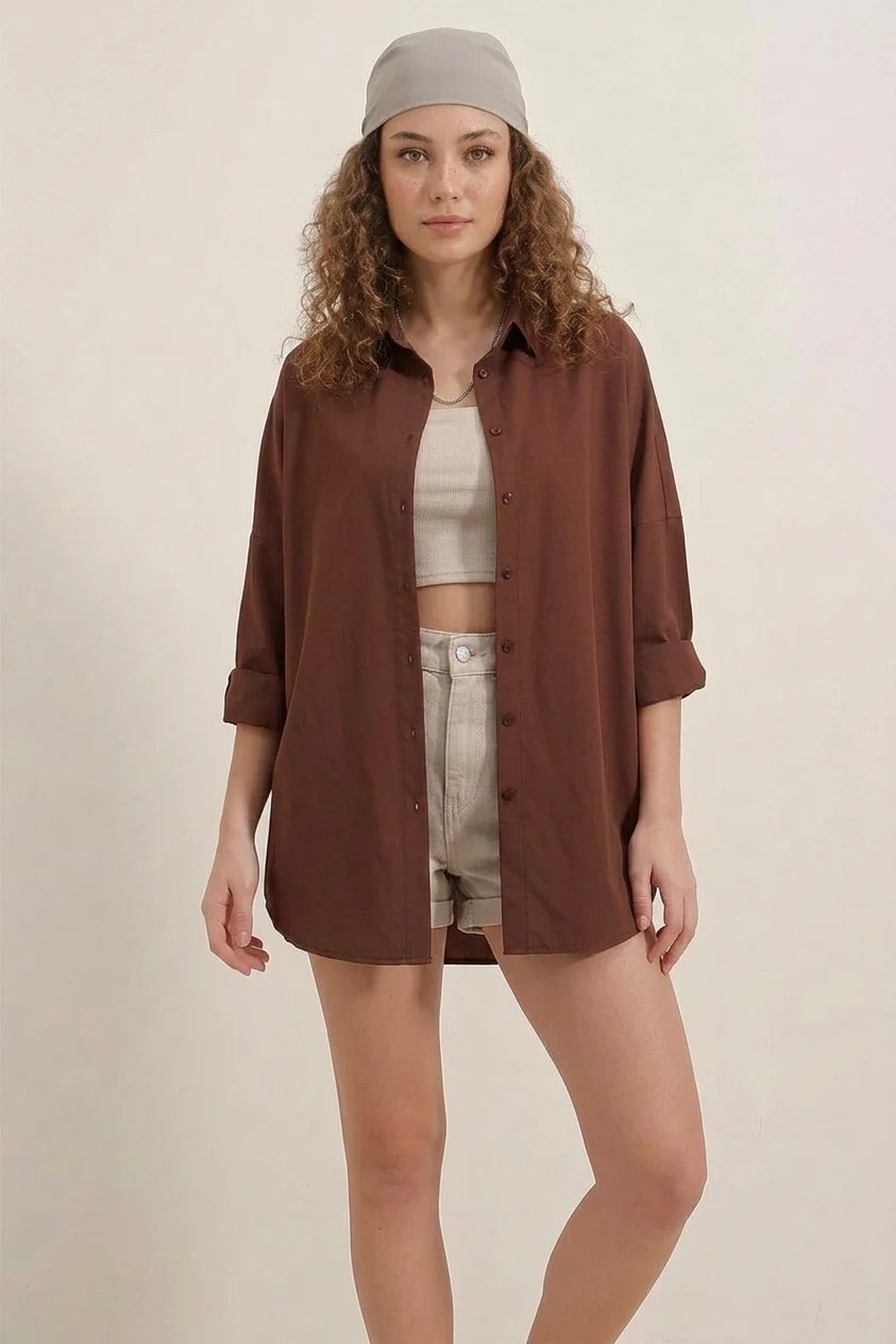 buğrahayalin Kadın Oversize Kesim Basic Pamuklu Kahverengi Gömlek görsel 3