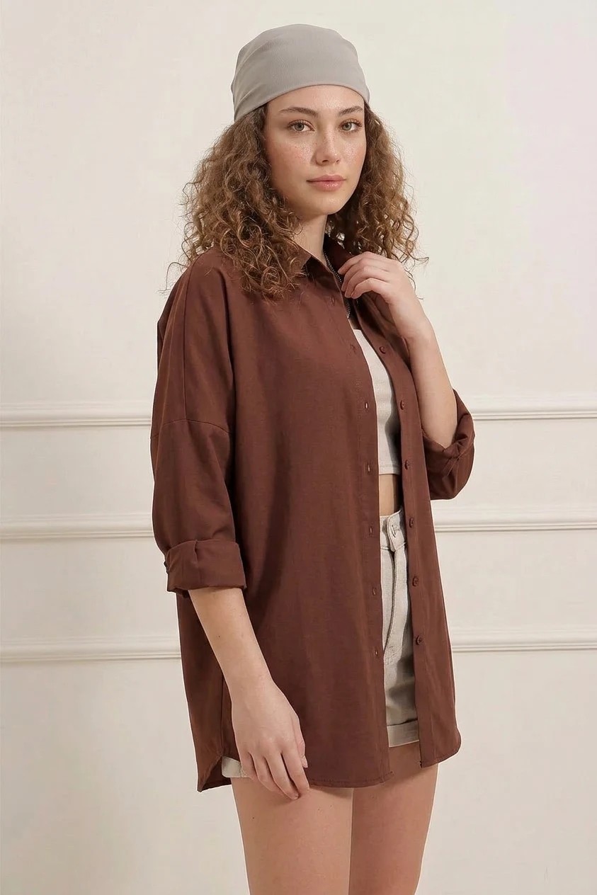 buğrahayalin Kadın Oversize Kesim Basic Pamuklu Kahverengi Gömlek görsel 4
