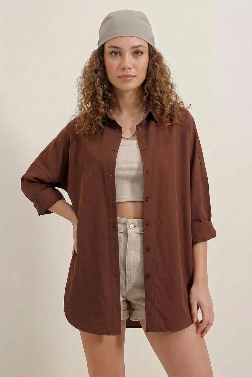 buğrahayalin Kadın Oversize Kesim Basic Pamuklu Kahverengi Gömlek görsel 6