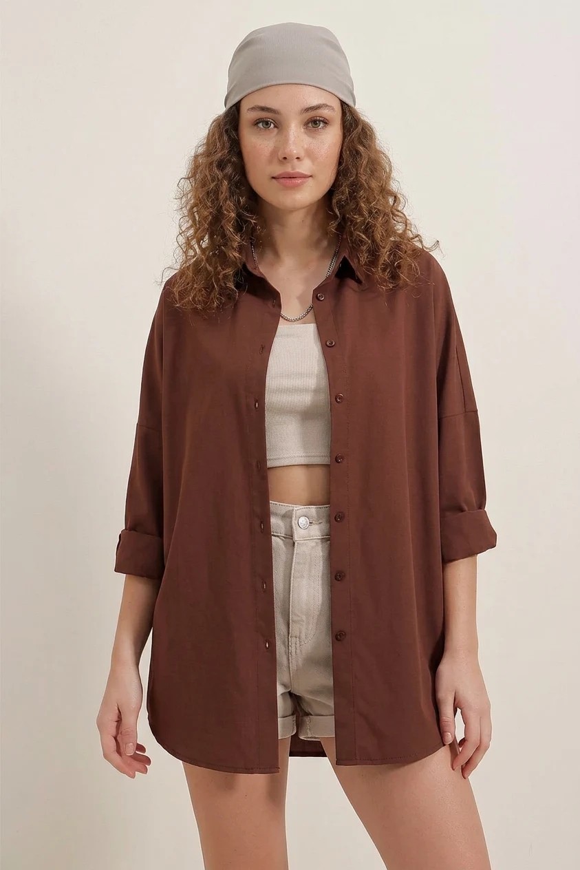 buğrahayalin Kadın Oversize Kesim Basic Pamuklu Kahverengi Gömlek görsel 7