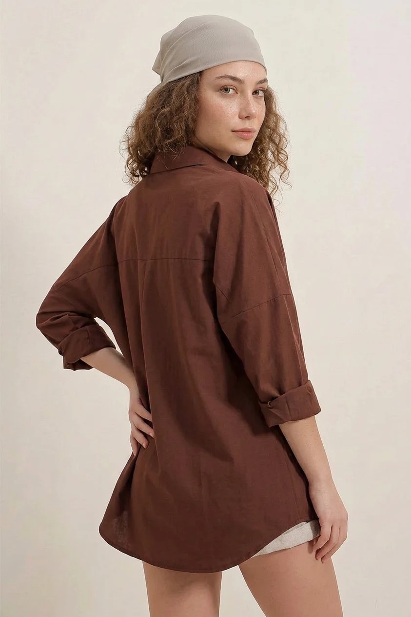 buğrahayalin Kadın Oversize Kesim Basic Pamuklu Kahverengi Gömlek görsel 8