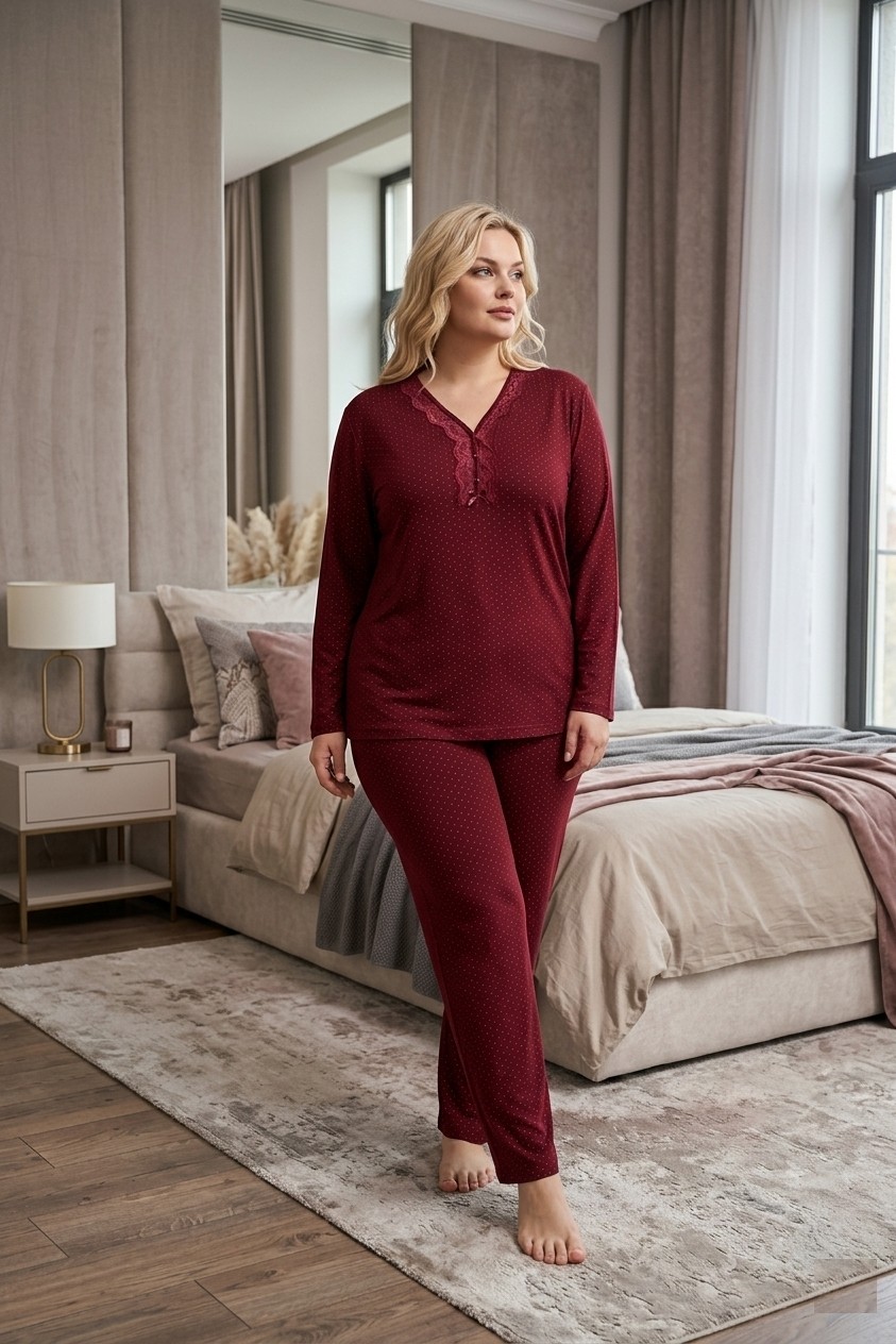 Temporium Kadın Büyük Beden Yakası Dantelli Uzun Kollu Bambu Pijama Takımı görsel 2