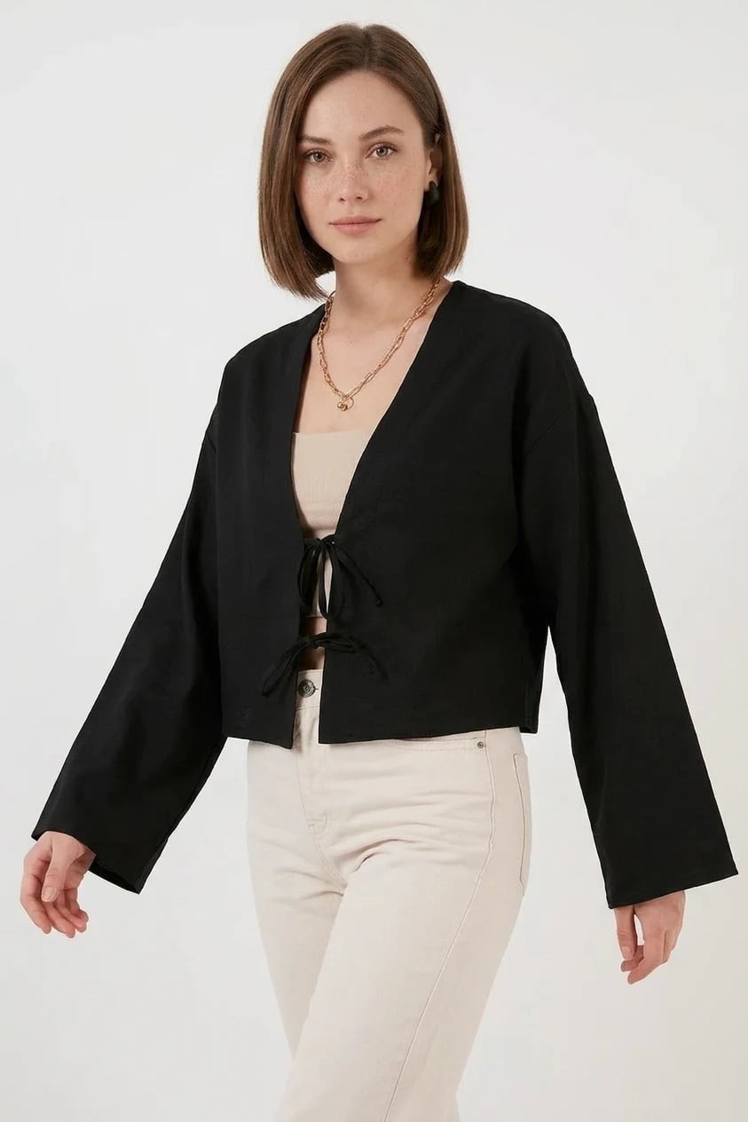 Efnaz Style Kadın Yaka Önden Bağlamalı Önü Keten Krem Kimono görsel 2