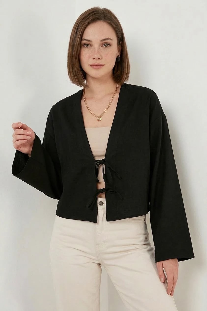 Efnaz Style Kadın Yaka Önden Bağlamalı Önü Keten Krem Kimono görsel 3