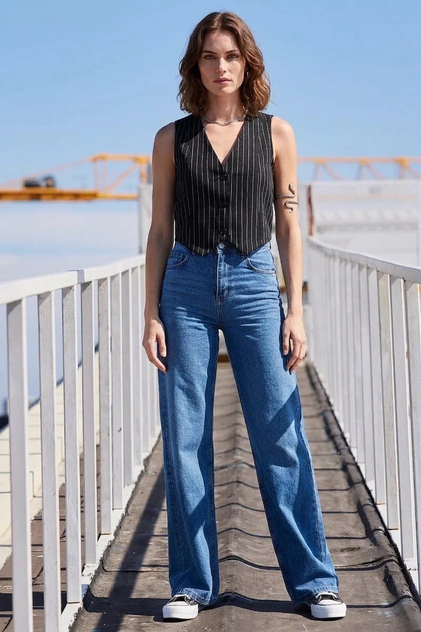 Efnaz Style Kadın V Yaka Çizgili Siyah Yelek görsel 2