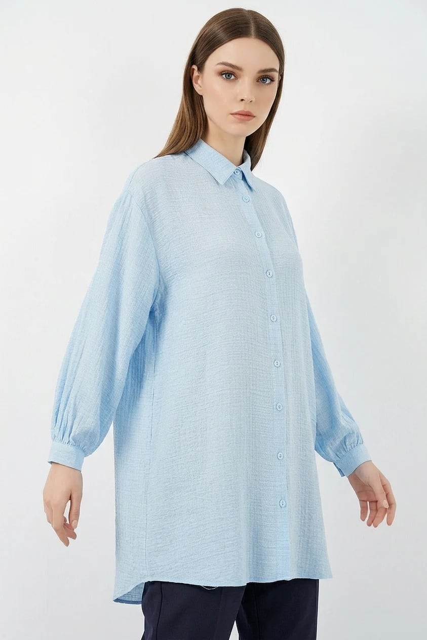 Efnaz Style Kadın Gömlek Yaka Dokulu Oversize Viskon Mavi Tunik görsel 2