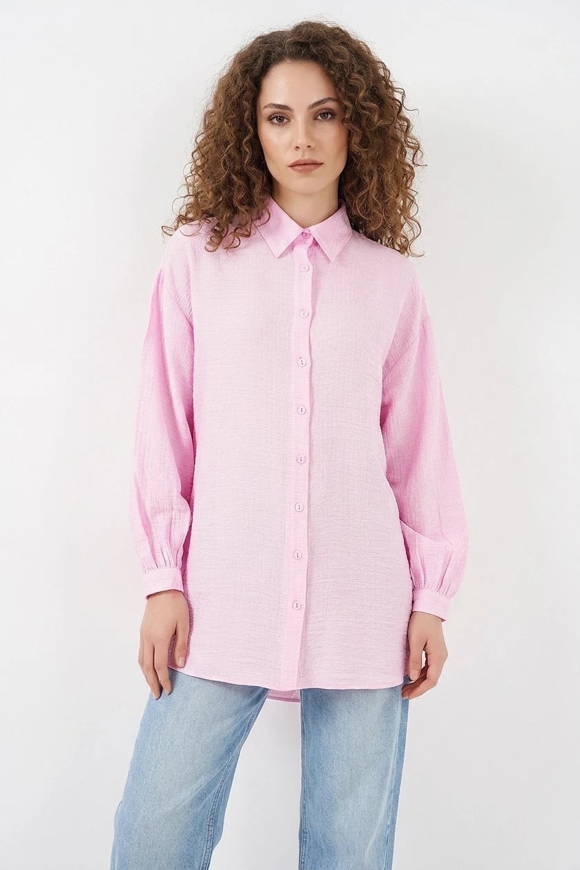 Efnaz Style Kadın Gömlek Yaka Dokulu Oversize Viskon Mavi Tunik