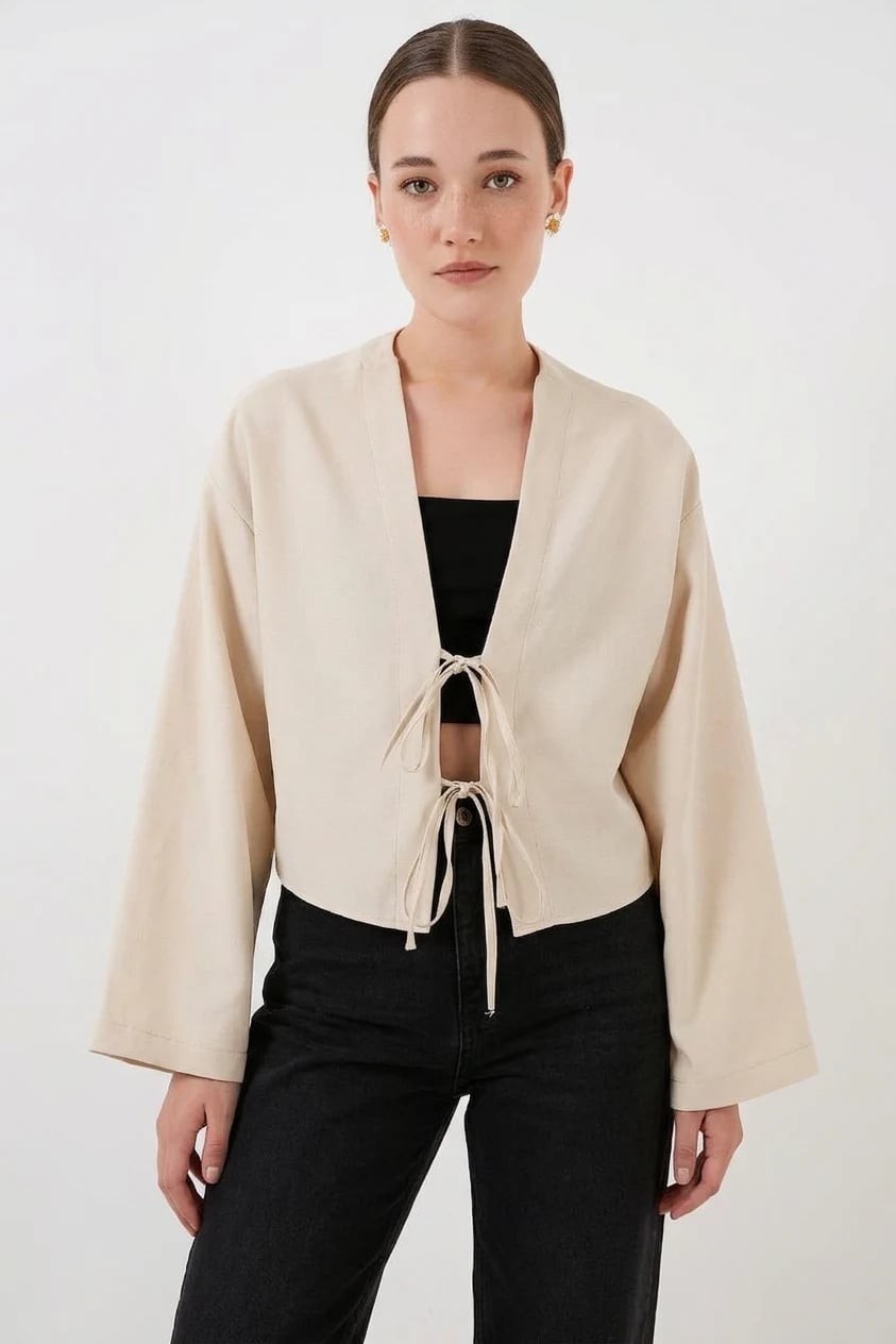 Efnaz Style Kadın Yaka Önden Bağlamalı Önü Keten Krem Kimono