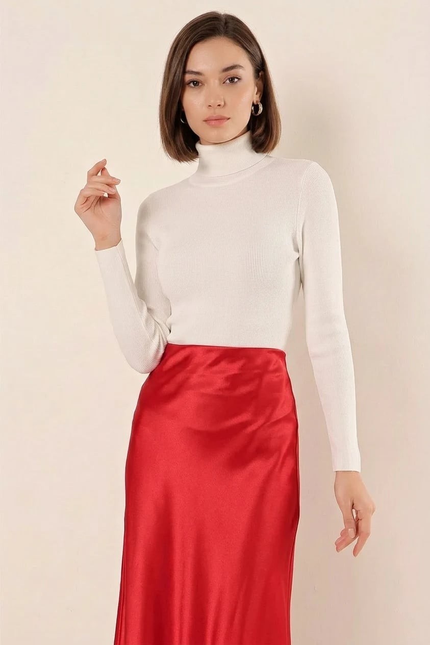Efnaz Style Kadın Balıkçı Yaka Fit Kesim Triko Kırmızı Kazak
