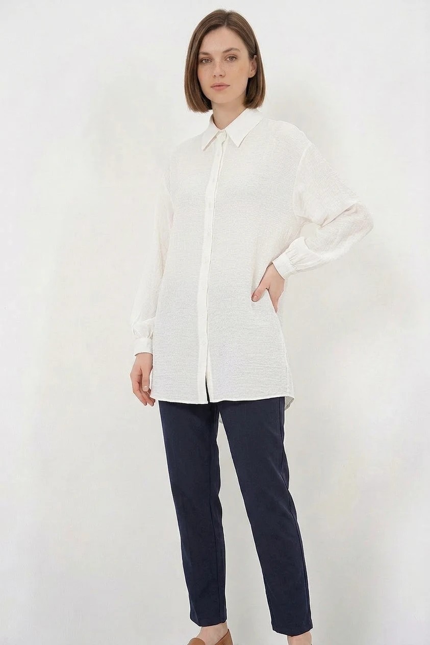 Efnaz Style Kadın Gömlek Yaka Dokulu Oversize Viskon Mavi Tunik görsel 6