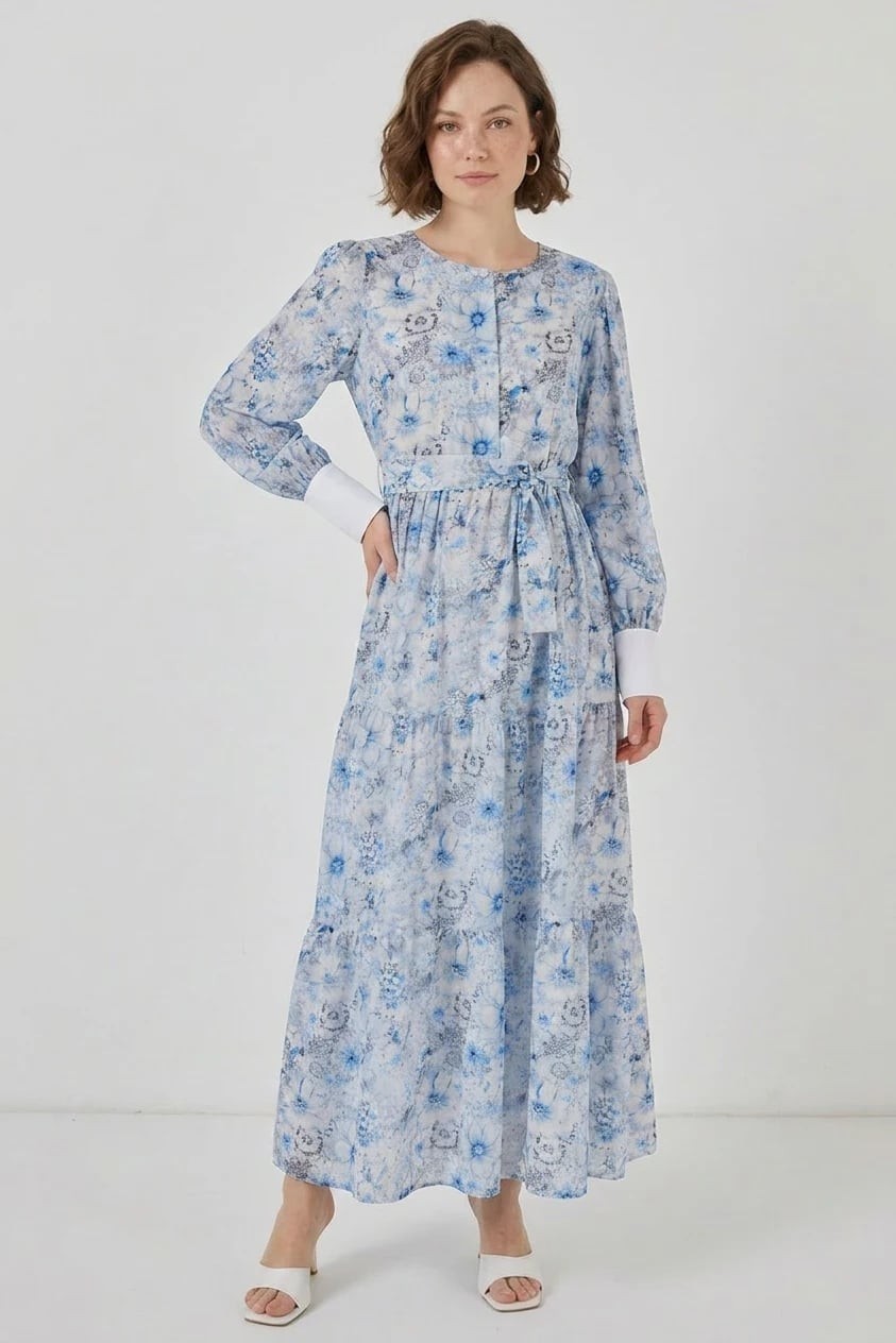 Efnaz Style Kadın Yuvarlak Yaka Kuşaklı Çiçek Desenli Viskon Mavi Tesettür Elbise görsel 3