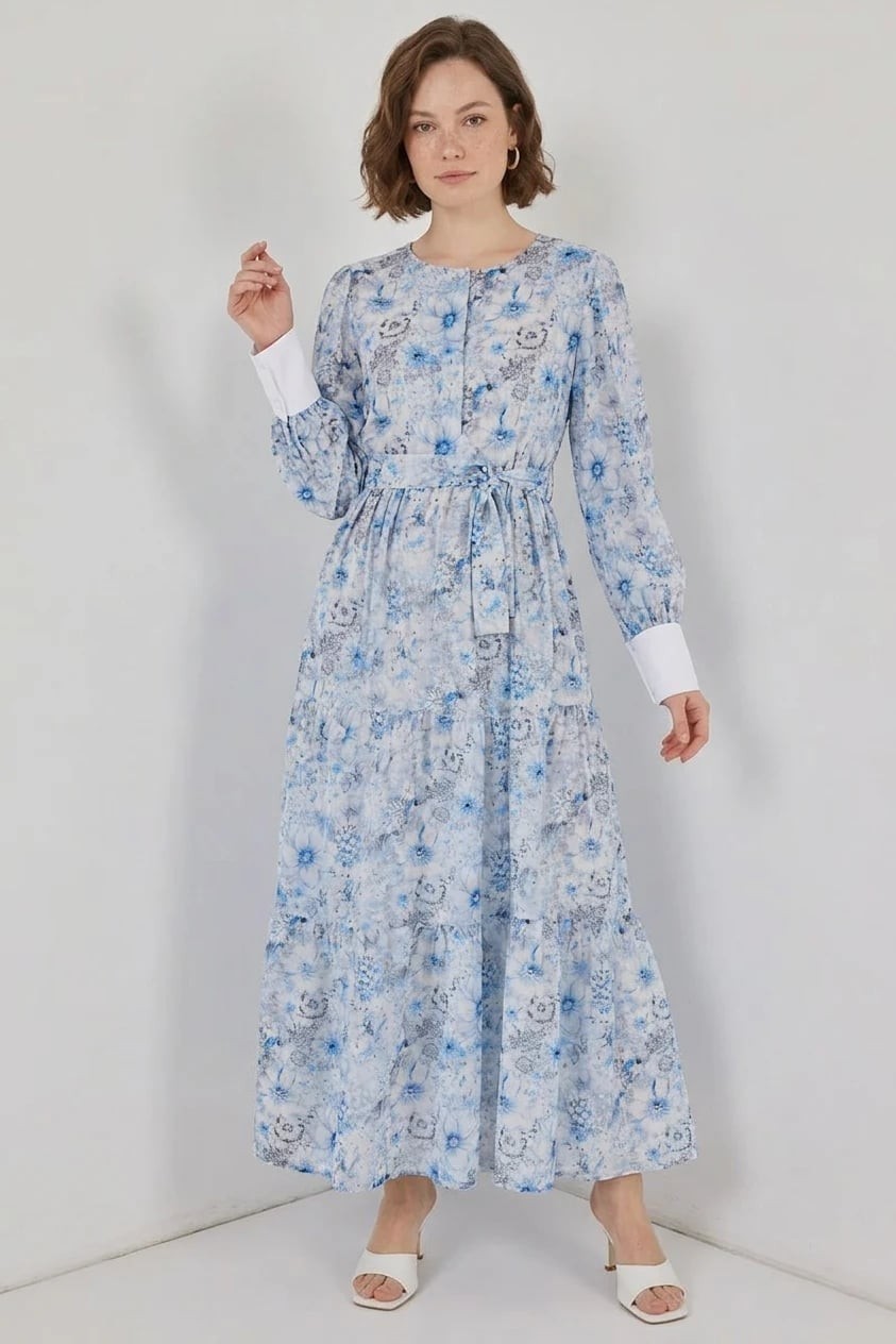 Efnaz Style Kadın Yuvarlak Yaka Kuşaklı Çiçek Desenli Viskon Mavi Tesettür Elbise görsel 4