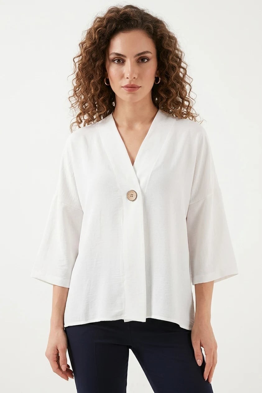 Efnaz Style Kadın V Yaka Oversize Kısa Kol Beyaz Kimono