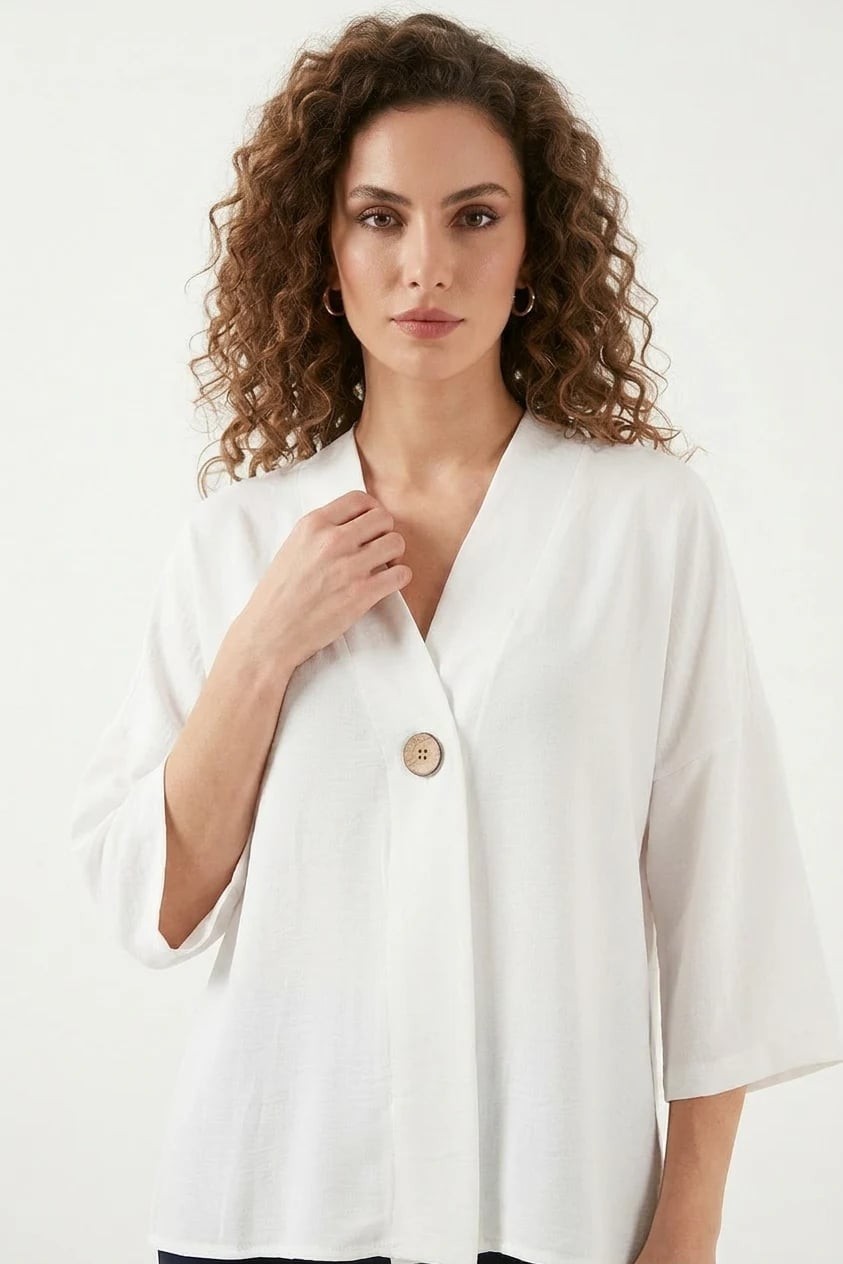 Efnaz Style Kadın V Yaka Oversize Kısa Kol Beyaz Kimono görsel 2