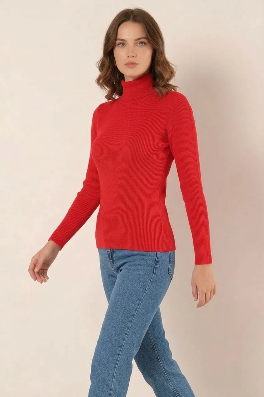Efnaz Style Kadın Balıkçı Yaka Fit Kesim Triko Kırmızı Kazak görsel 5