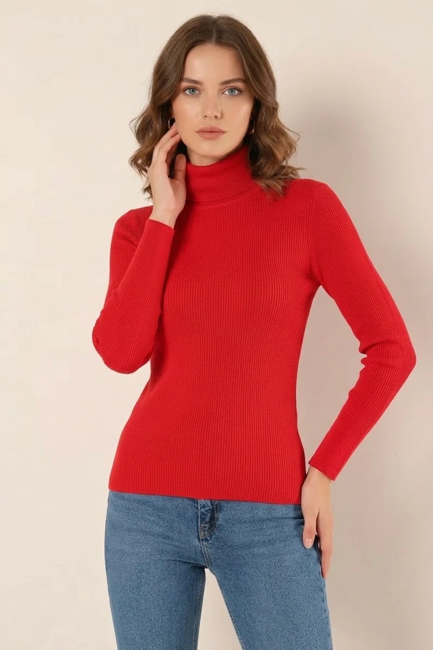 Efnaz Style Kadın Balıkçı Yaka Fit Kesim Triko Kırmızı Kazak görsel 7