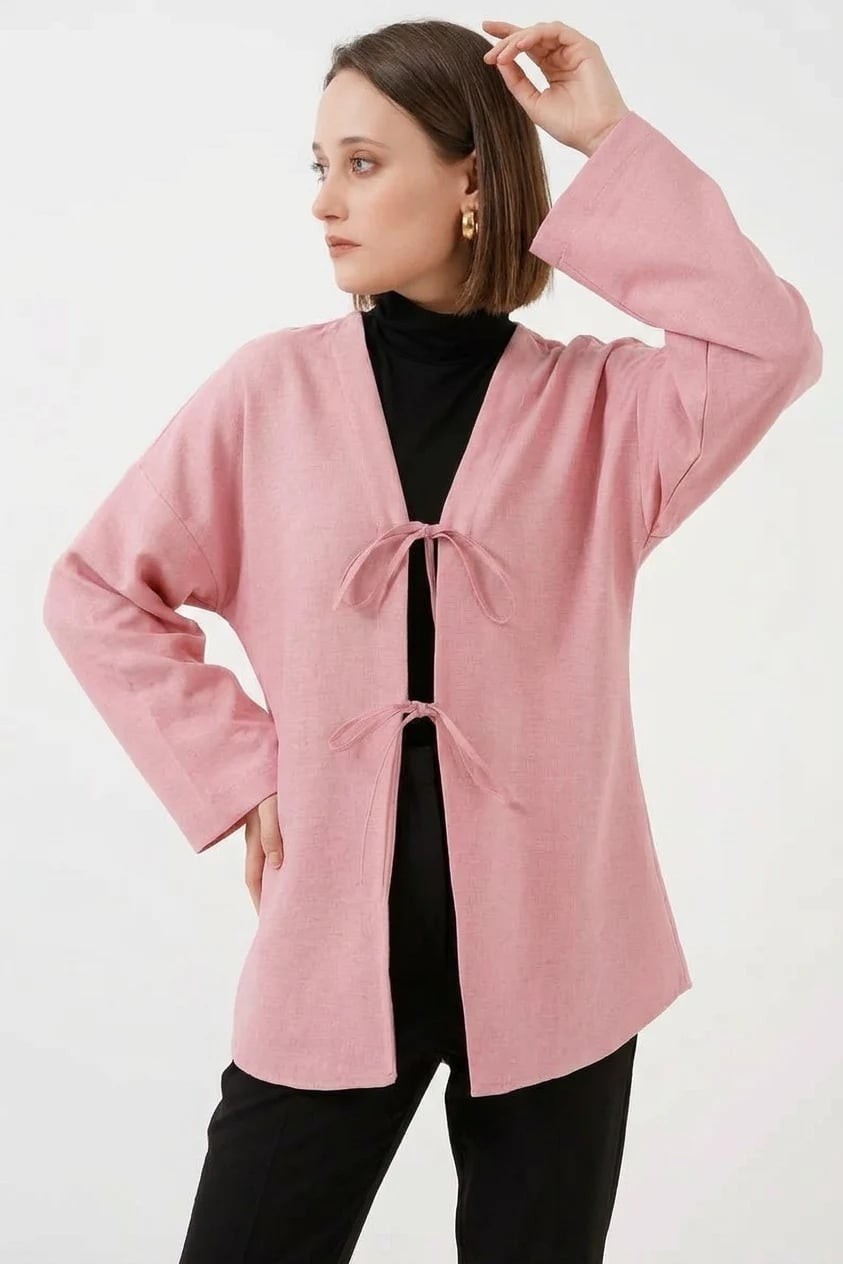 Efnaz Style Kadın Yaka Bağcıklı Viskon Pudra Tesettür Kimono görsel 6