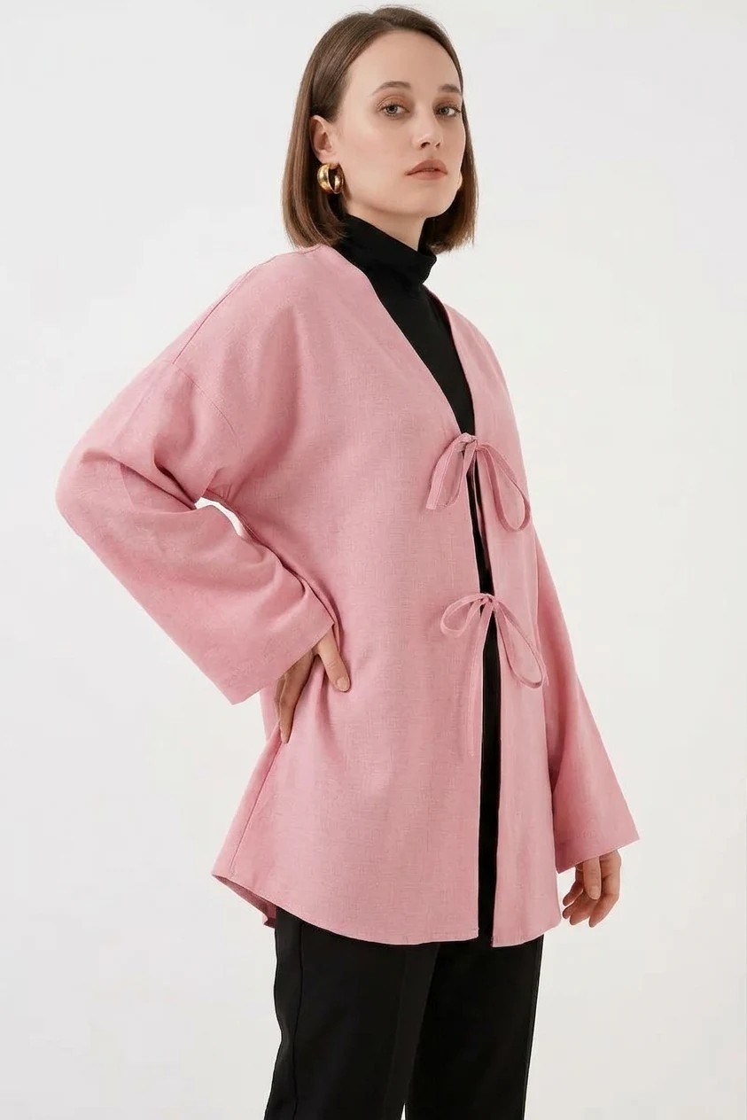 Efnaz Style Kadın Yaka Bağcıklı Viskon Pudra Tesettür Kimono görsel 7