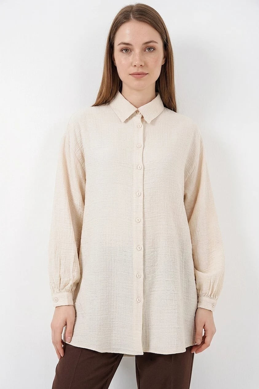 Efnaz Style Kadın Gömlek Yaka Dokulu Oversize Viskon Mavi Tunik görsel 4