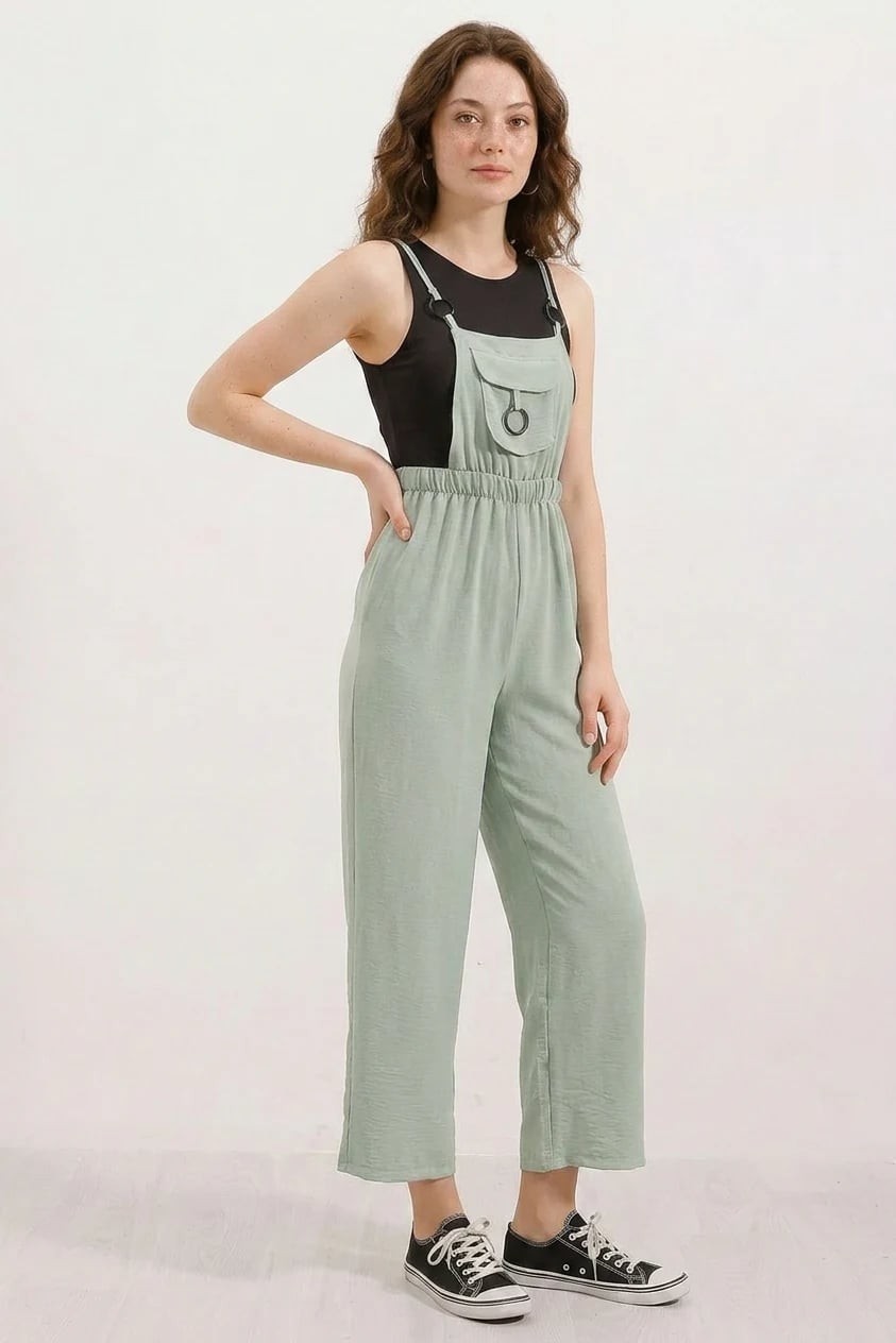 Efnaz Style Kadın Askılı Beli Lastikli Halka Detaylı Siyah Tulum görsel 7