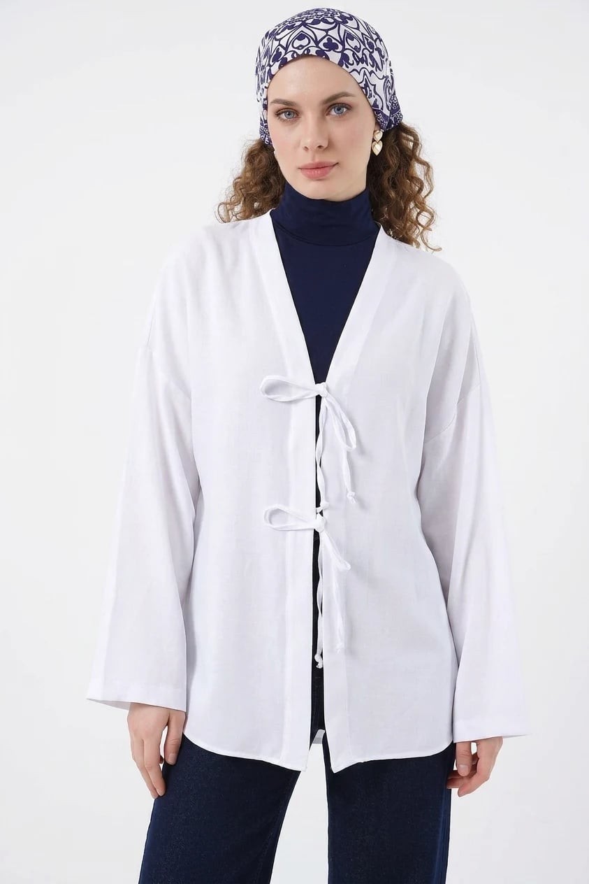 Efnaz Style Kadın Yaka Bağcıklı Viskon Pudra Tesettür Kimono görsel 8