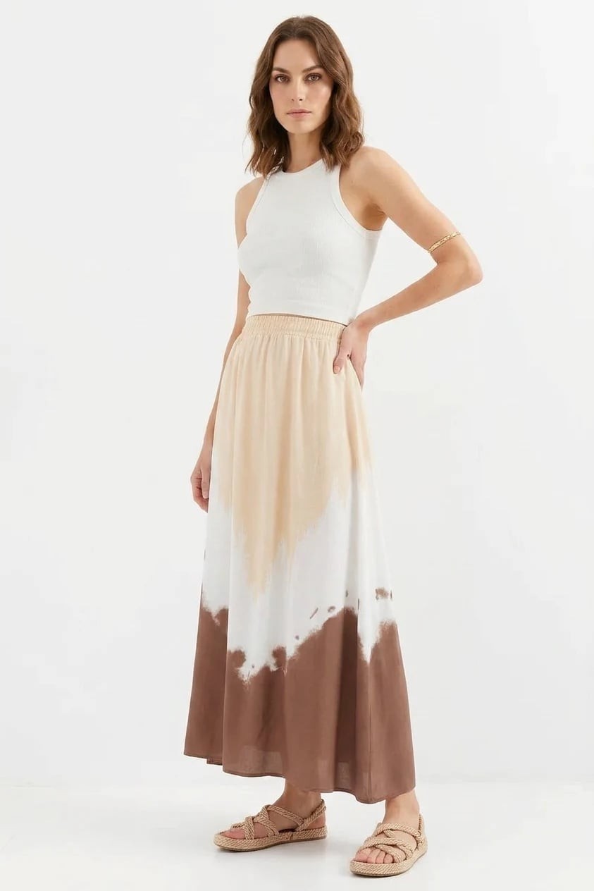 Efnaz Style Kadın Desenli Viskon Bej Etek görsel 3