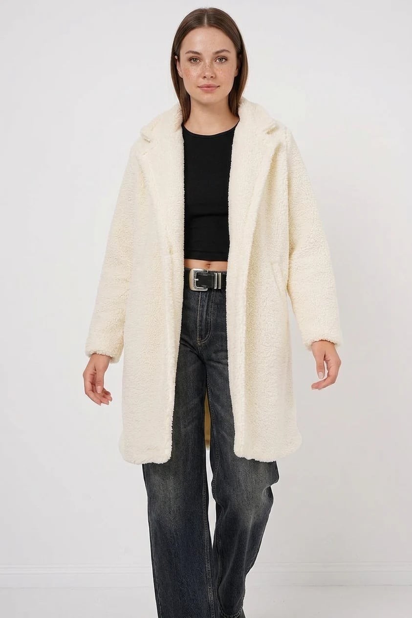 Efnaz Style Kadın Geniş Yaka Oversize Ekru Kaban