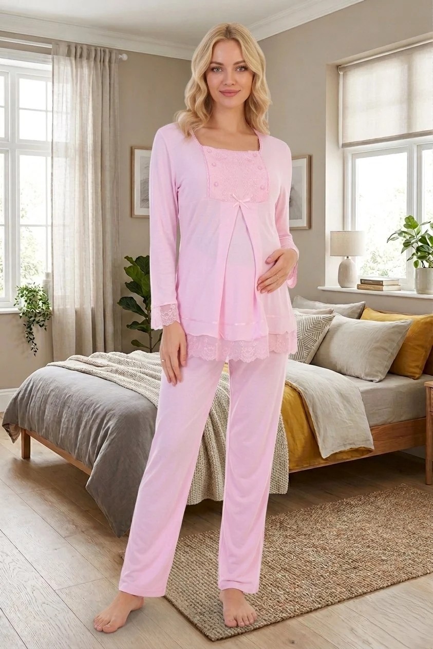 raia Yeni Sezon Pembe Dantelli Düğme Detaylı Özel Tasarım Uzun Kol %100 Pamuk Hamile Lohusa Pijama Takımı