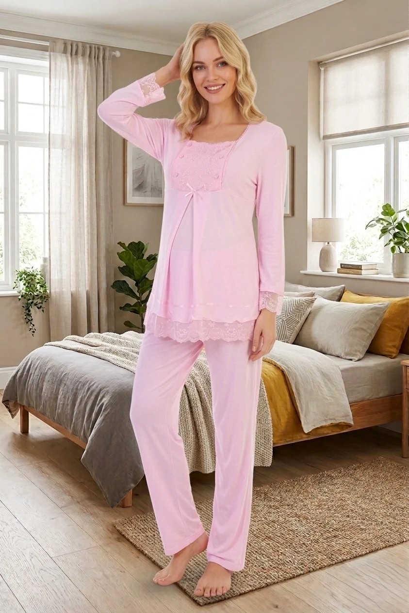 raia Yeni Sezon Pembe Dantelli Düğme Detaylı Özel Tasarım Uzun Kol %100 Pamuk Hamile Lohusa Pijama Takımı görsel 2