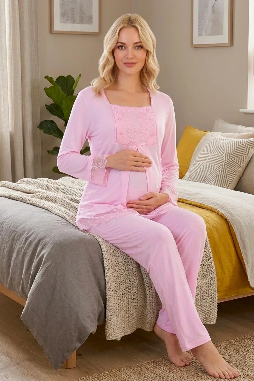 raia Yeni Sezon Pembe Dantelli Düğme Detaylı Özel Tasarım Uzun Kol %100 Pamuk Hamile Lohusa Pijama Takımı görsel 3