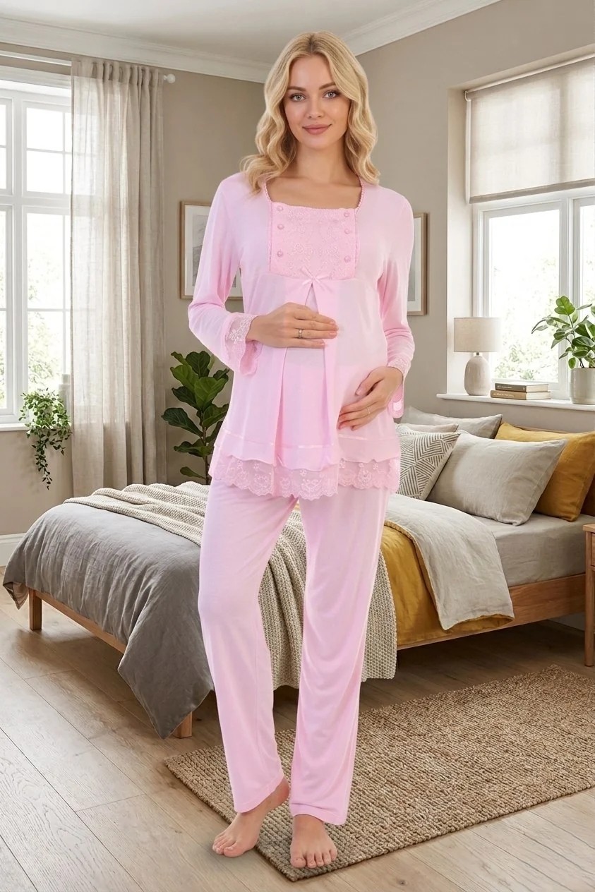 raia Yeni Sezon Pembe Dantelli Düğme Detaylı Özel Tasarım Uzun Kol %100 Pamuk Hamile Lohusa Pijama Takımı görsel 4